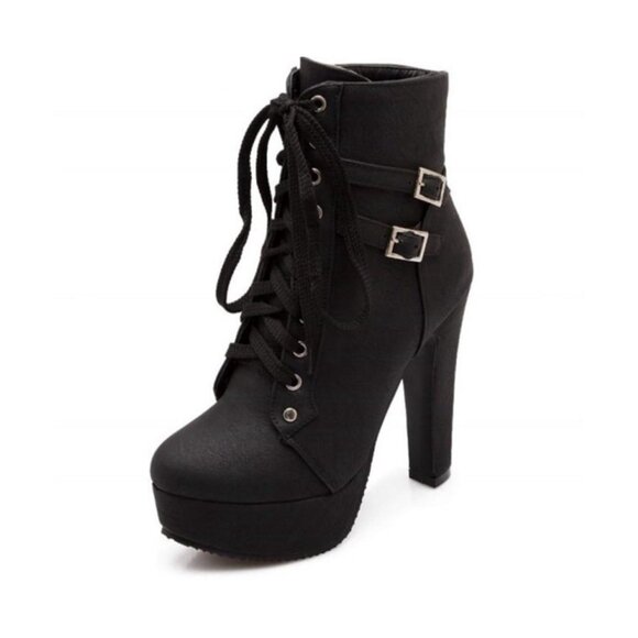 Womens Ankle Boots Round Toe Block Chunky High Heels Lace Up Platform Shoes  Sz9 - Picture 7 of 10